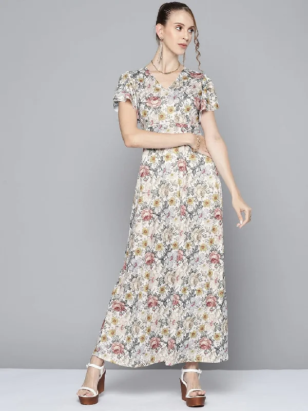 Floral dresses for womenWomen Off White Floral Back Cut Out Maxi Dress