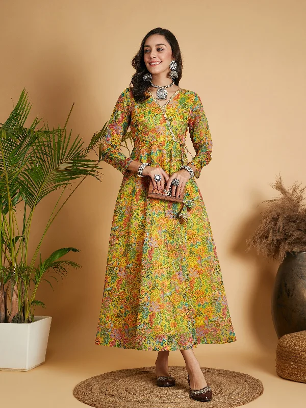 Plus-size dresses for womenWomen Lemon Yellow Floral Anarkali Maxi Dress