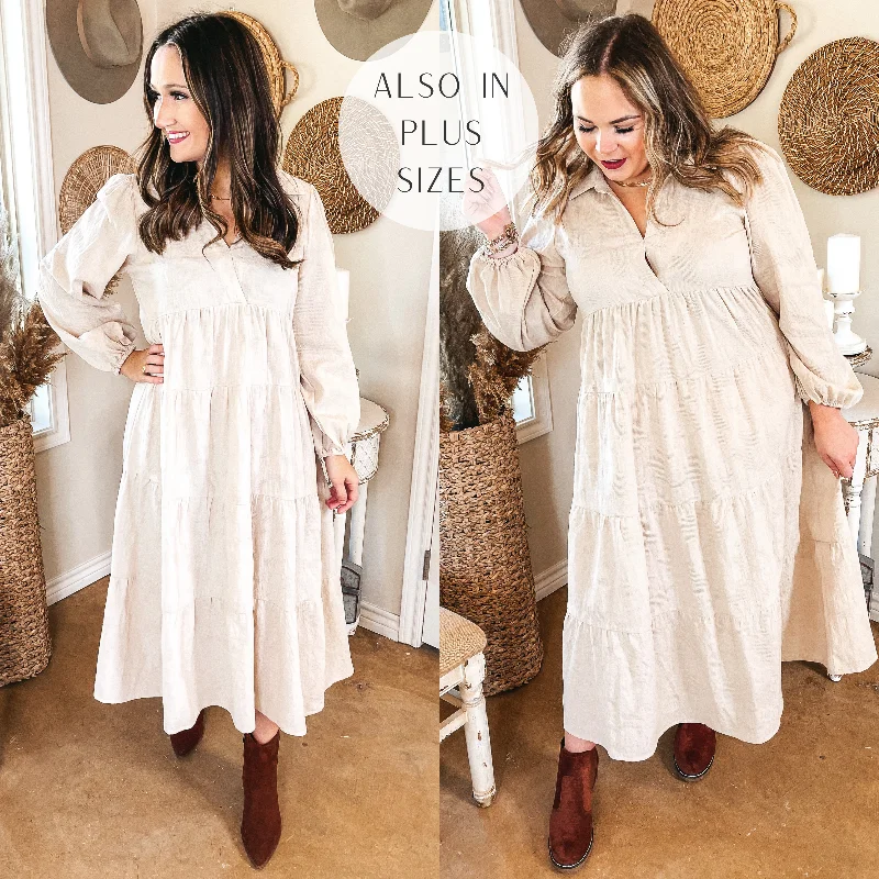 Beach dresses for casual outingsSweet Glances Long Sleeve Tiered Midi Dress in Stone