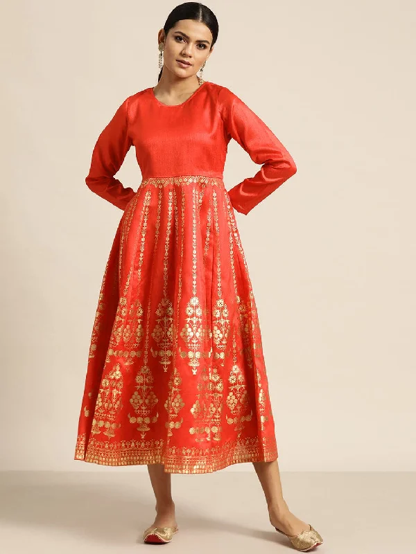 Party dresses for womenRed Gold Foil Print Anarkali Maxi Dress