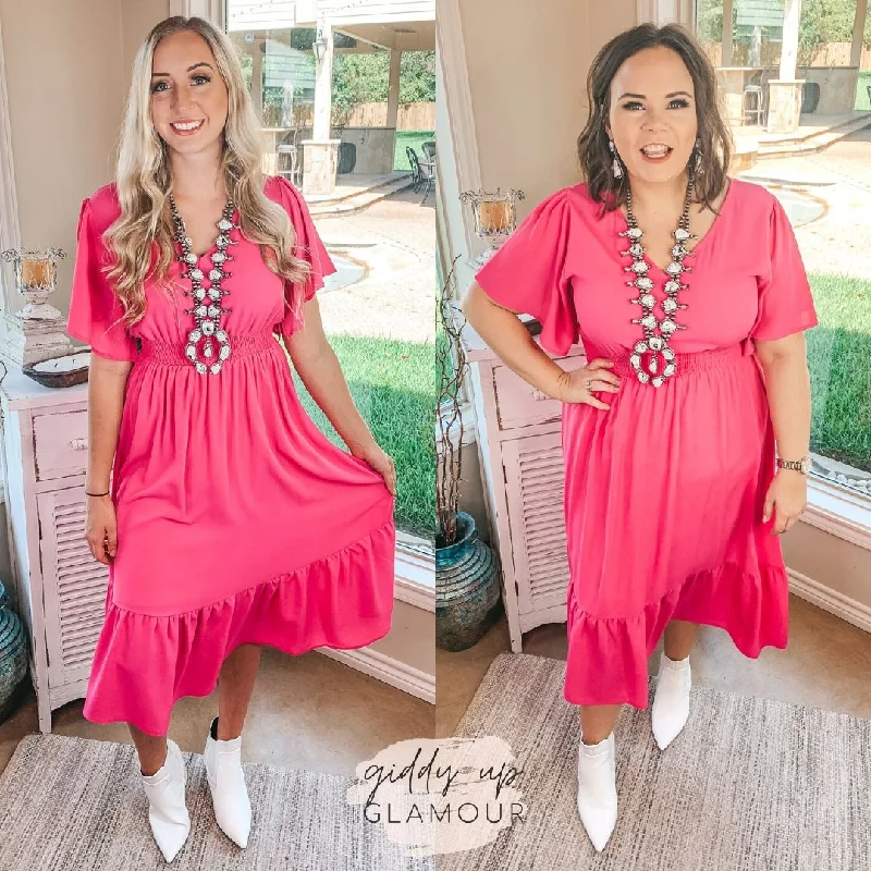 Summer dresses for hot weatherLast Chance Size Small & Large | Freelance Dreamer Short Sleeve Midi Dress with Ruffle Hemline in Magenta