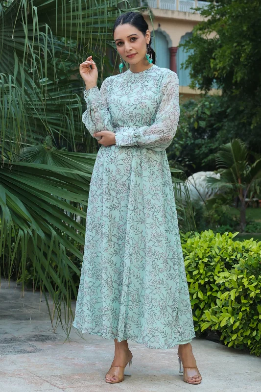 Long-sleeved dresses for womenJuniper Sage Green Floral Printed Chiffon Flared Maxi Dress With Buttons