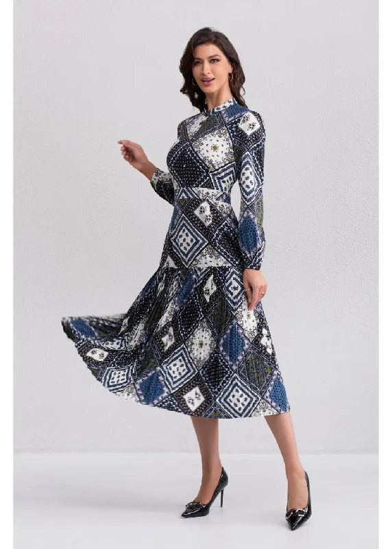 Patterned dresses for womenVintage Diamond Print Midi Dress