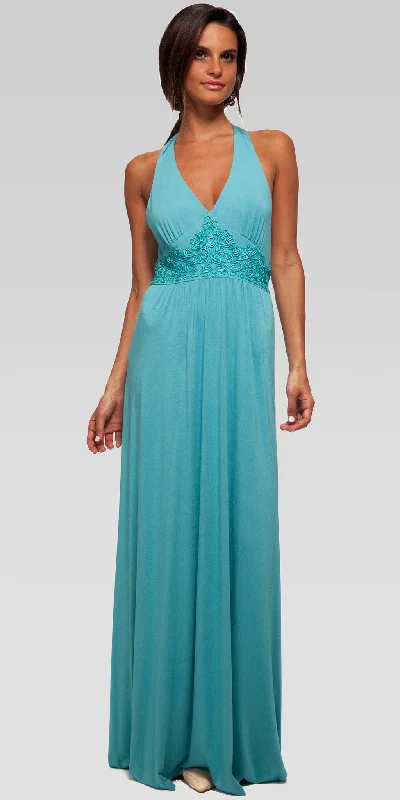 Plunging neckline dresses for womenSoutache Embroidery Halter Maxi Dress - Aqua