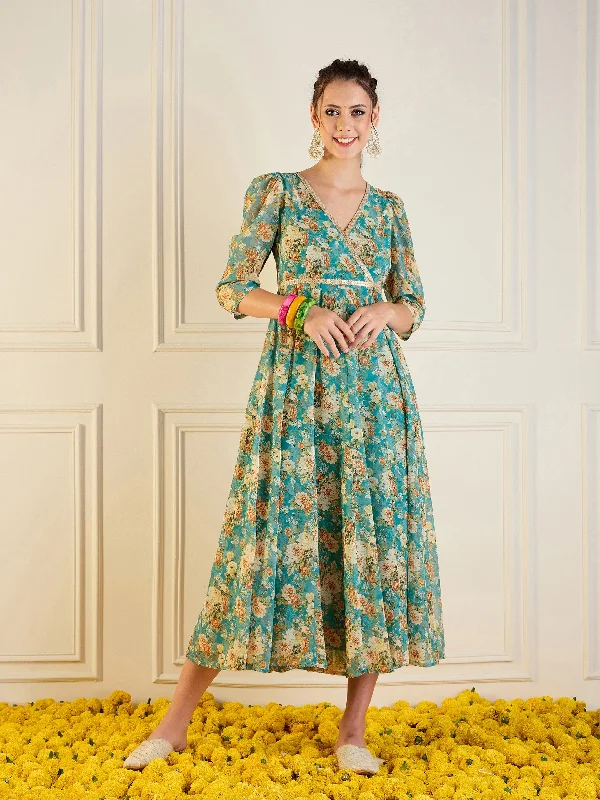 Smock dresses for womenWomen Turquoise Blue Floral Anarkali Maxi Dress