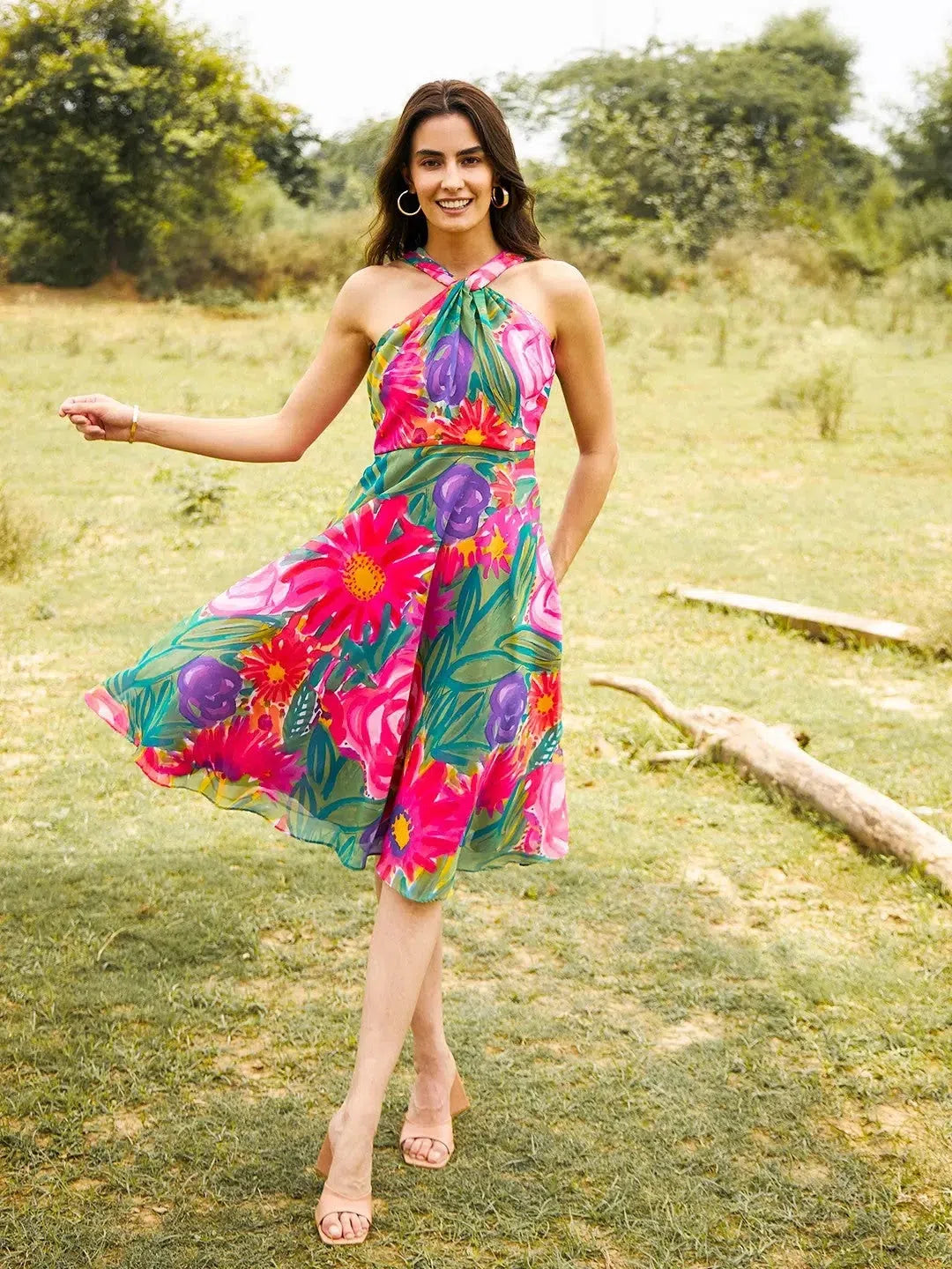 Day dresses for everyday wearDraped neck midi dress in Pink and Green Print