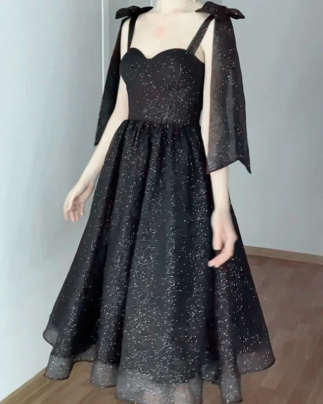 High-low hem dresses for womenA Line Black Sparkly Midi Homecoming Dress Tulle Bow Straps