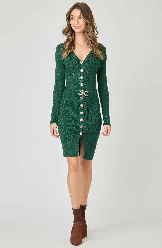 Lantern sleeve dresses for womenBelted Knit Lurex Dress with Gold Buttons