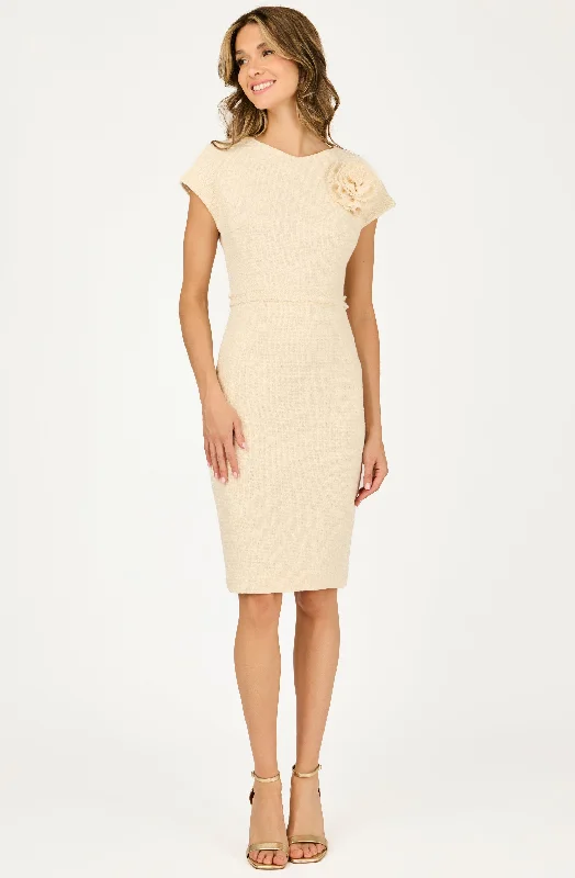 Workwear women's dressesFitted Bouclé Dress with Flower Boutonnière