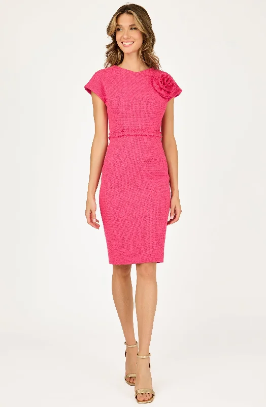 Elegant women's dressesFitted Bouclé Dress with Flower Boutonnière