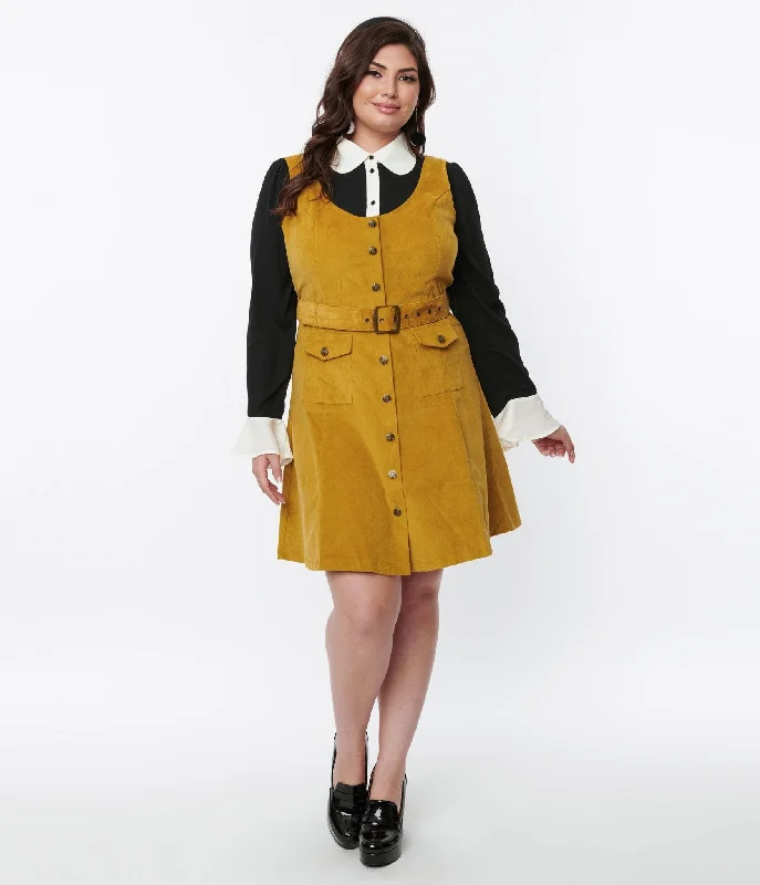 A-line dresses for womenVoodoo Vixen Mustard Yellow Corduroy Belted A-Line Dress