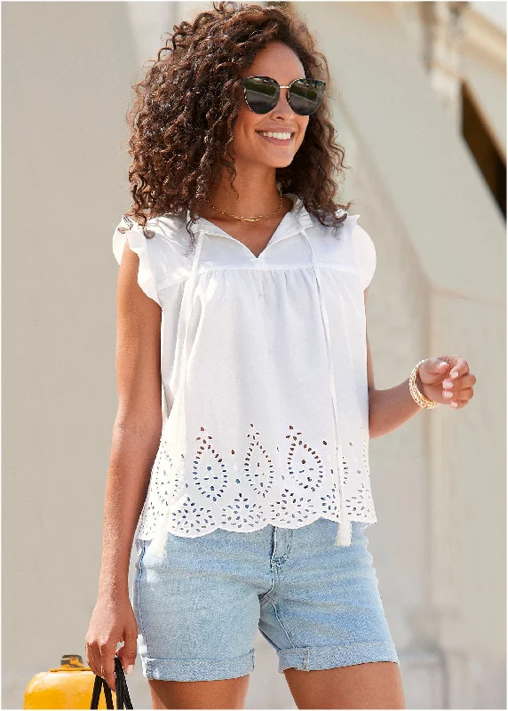 Geometric print women's topsEyelet Detail Top - White