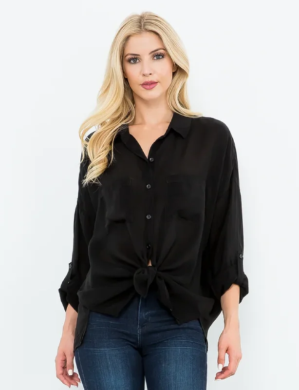 Sustainable women's topsCargo Button Down Tie Top, Black