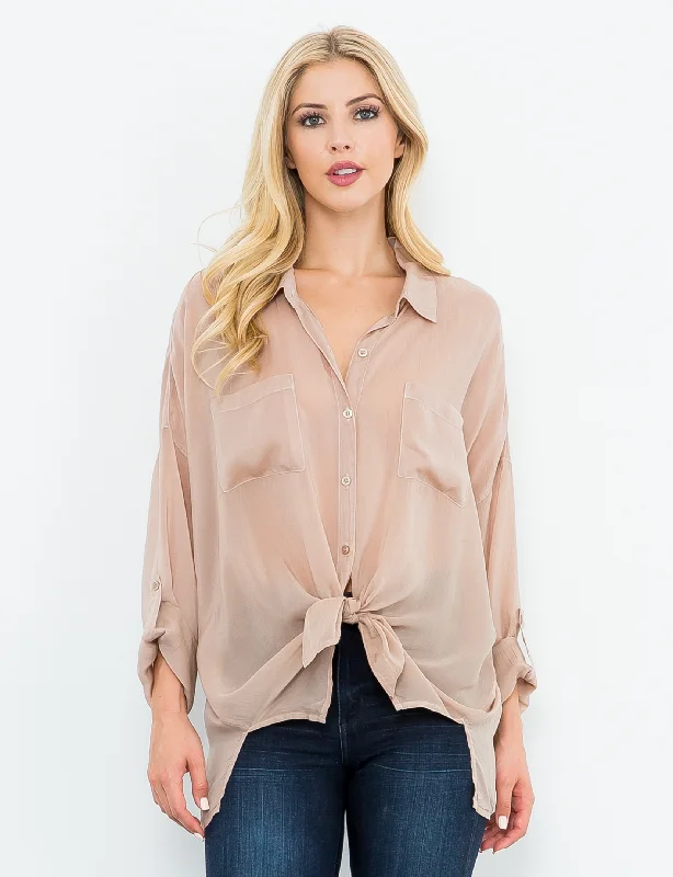 Eco-friendly women's topsCargo Button Down Tie Top, Khaki