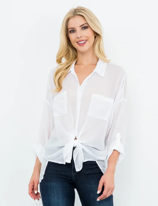 Off-the-shoulder women's topsCargo Button Down Tie Top, Optic White