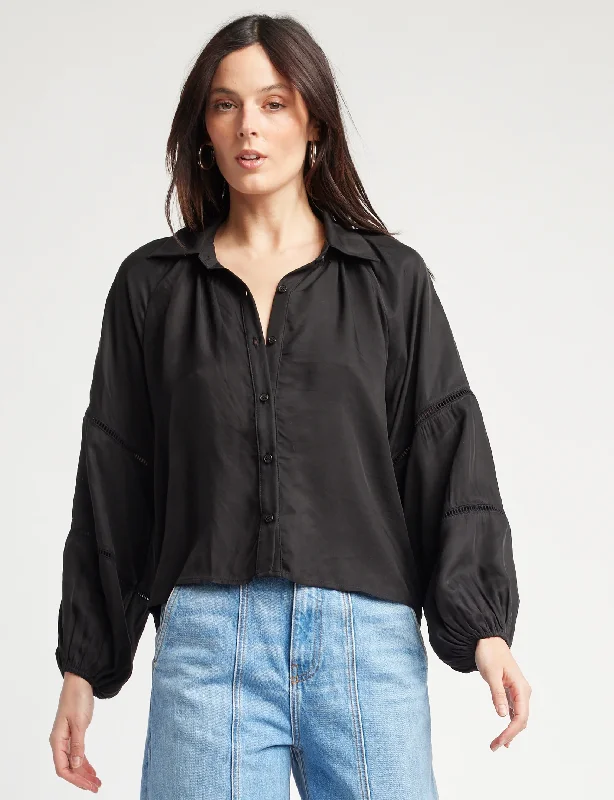 Water-resistant women's topsHadley Ladder Sleeve Blouse, Black Cupro