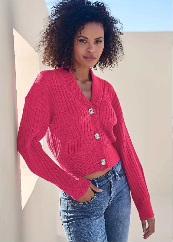 Petite women's topsBejeweled Button Cardigan  - Hot Pink