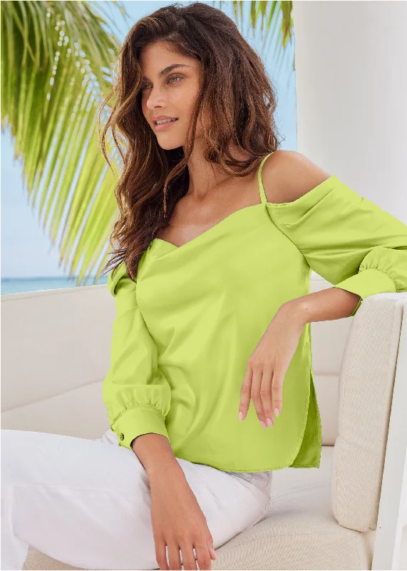 Navy blue women's topsCold Shoulder Blouse - Lime