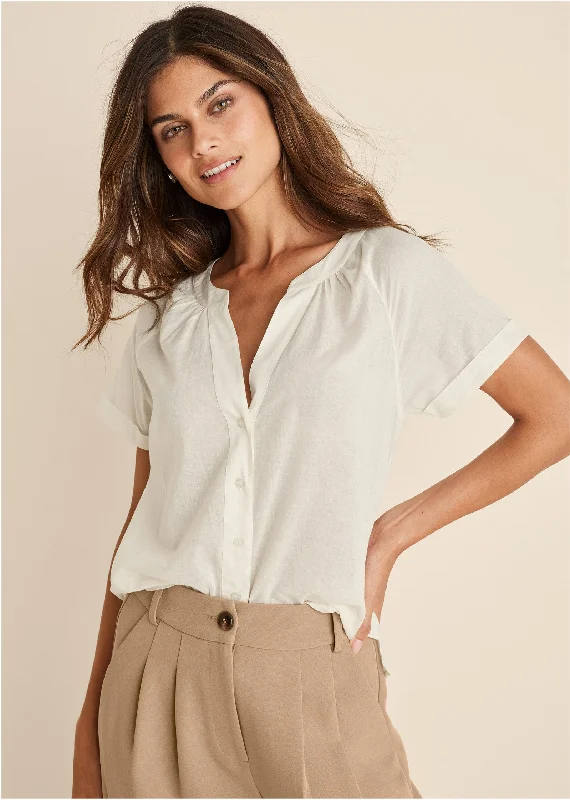 Handmade women's topsShort Sleeve Blouse - Cream