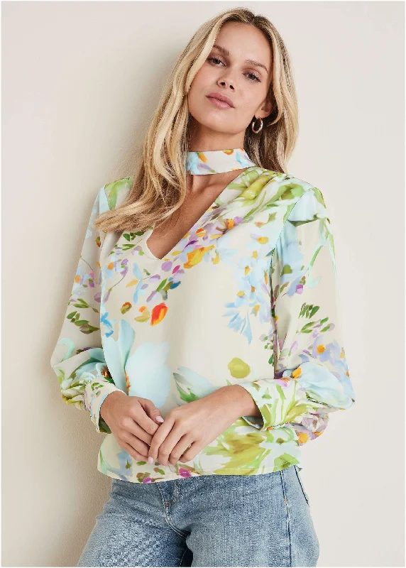 Maternity women's topsPrinted Tie Neck Blouse - Coquette Bouquet