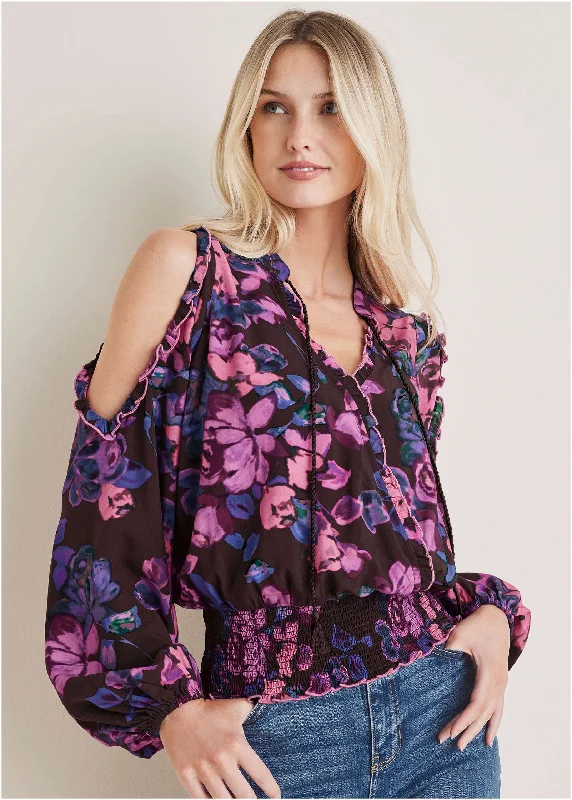 Cardigan-style women's topsRuffle Cold Shoulder Blouse - Electric Bouquet