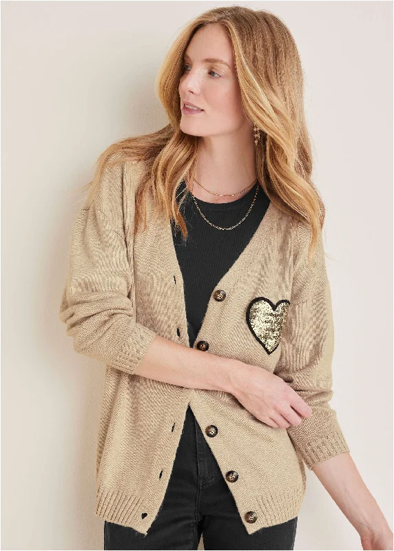 Water-resistant women's topsSequin Heart Cardigan - Oatmeal Multi